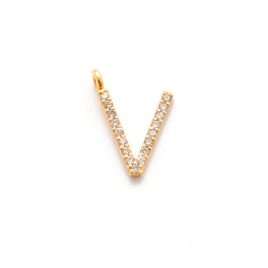 14K Solid Yellow Gold Pavé Diamond V Initial Letter Charm – Front View