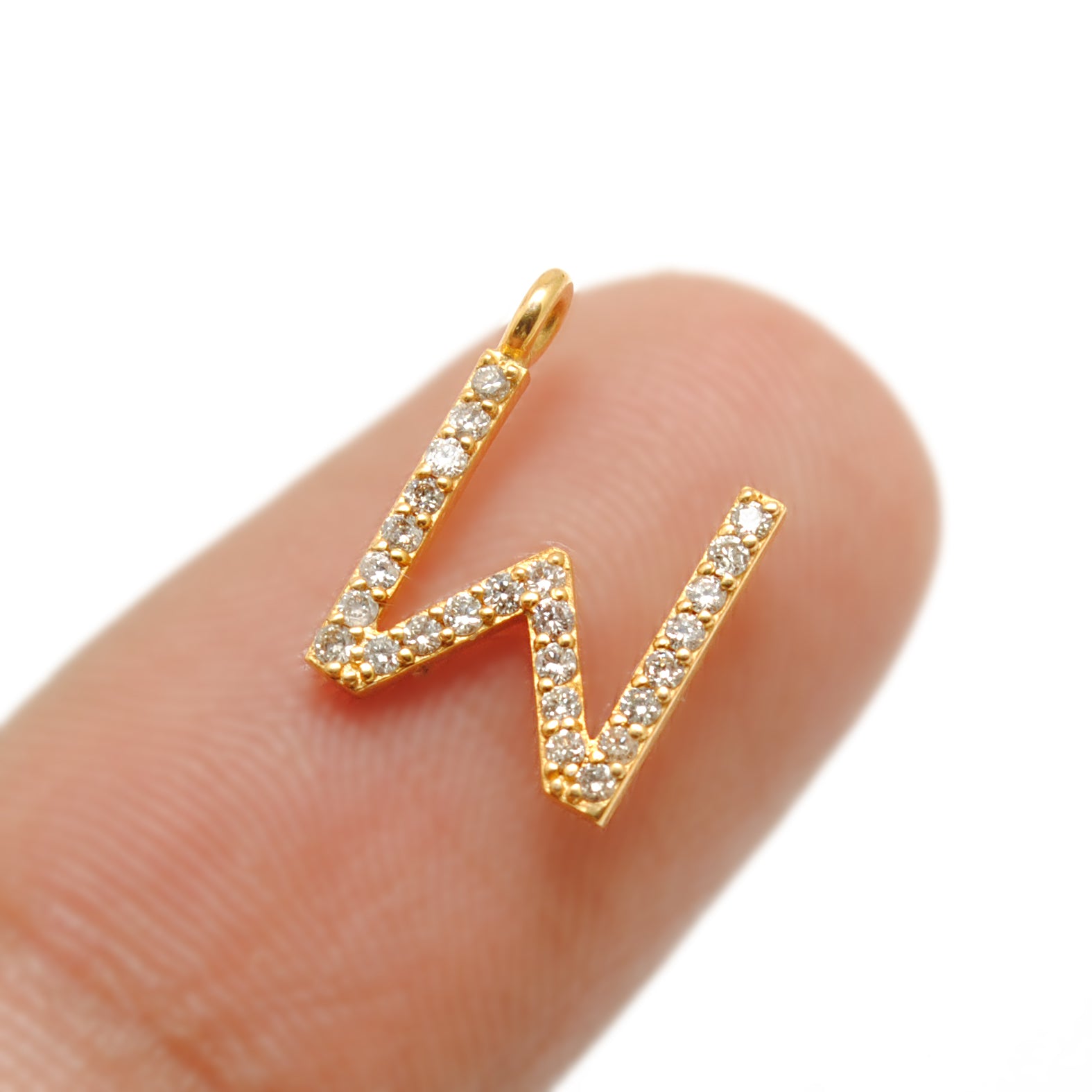 14K Solid Yellow Gold Pavé Diamond W Initial Letter Charm – Front View