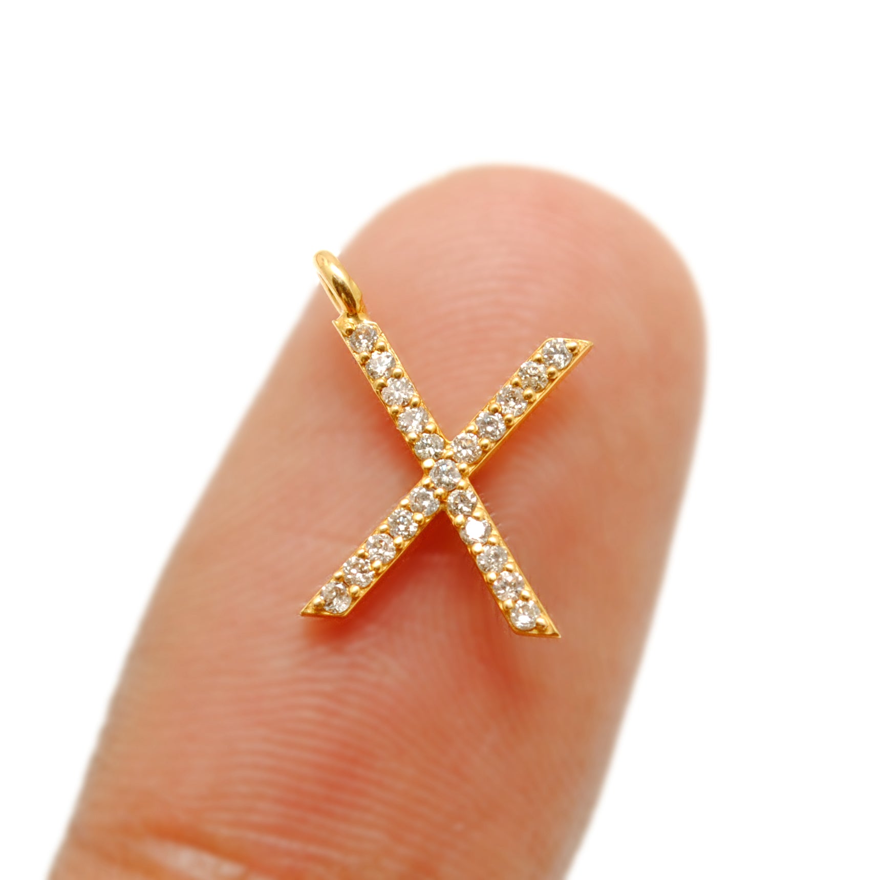 14K Solid Yellow Gold Pavé Diamond X Initial Letter Charm – Front View