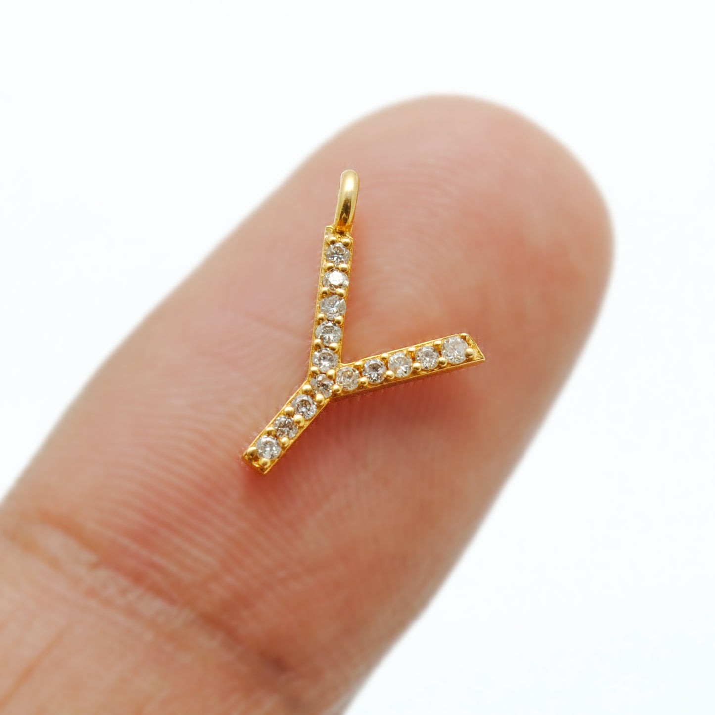 14K Solid Yellow Gold Pavé Diamond Y Initial Letter Charm – Front View