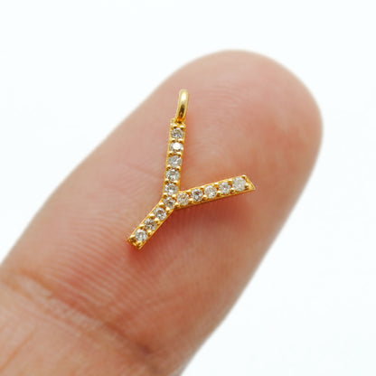 14K Solid Yellow Gold Pavé Diamond Y Initial Letter Charm – Front View