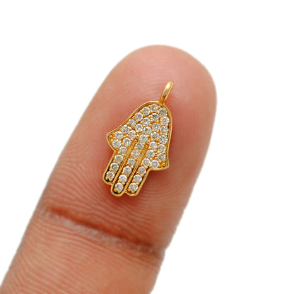 16mm 14K Solid Gold Pavé Diamond Hamsa Hand Charm – Front View