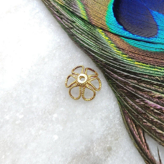 18K solid yellow gold floral bead cap 6x11mm front view