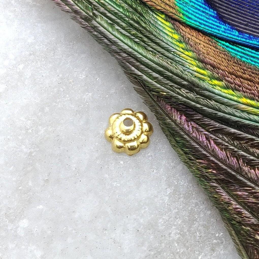 18K solid yellow gold floral bead caps findings 6mm front view