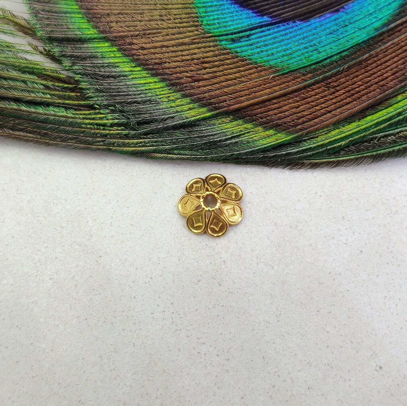 18K solid yellow gold flower spacer bead cap 9x3mm - front view