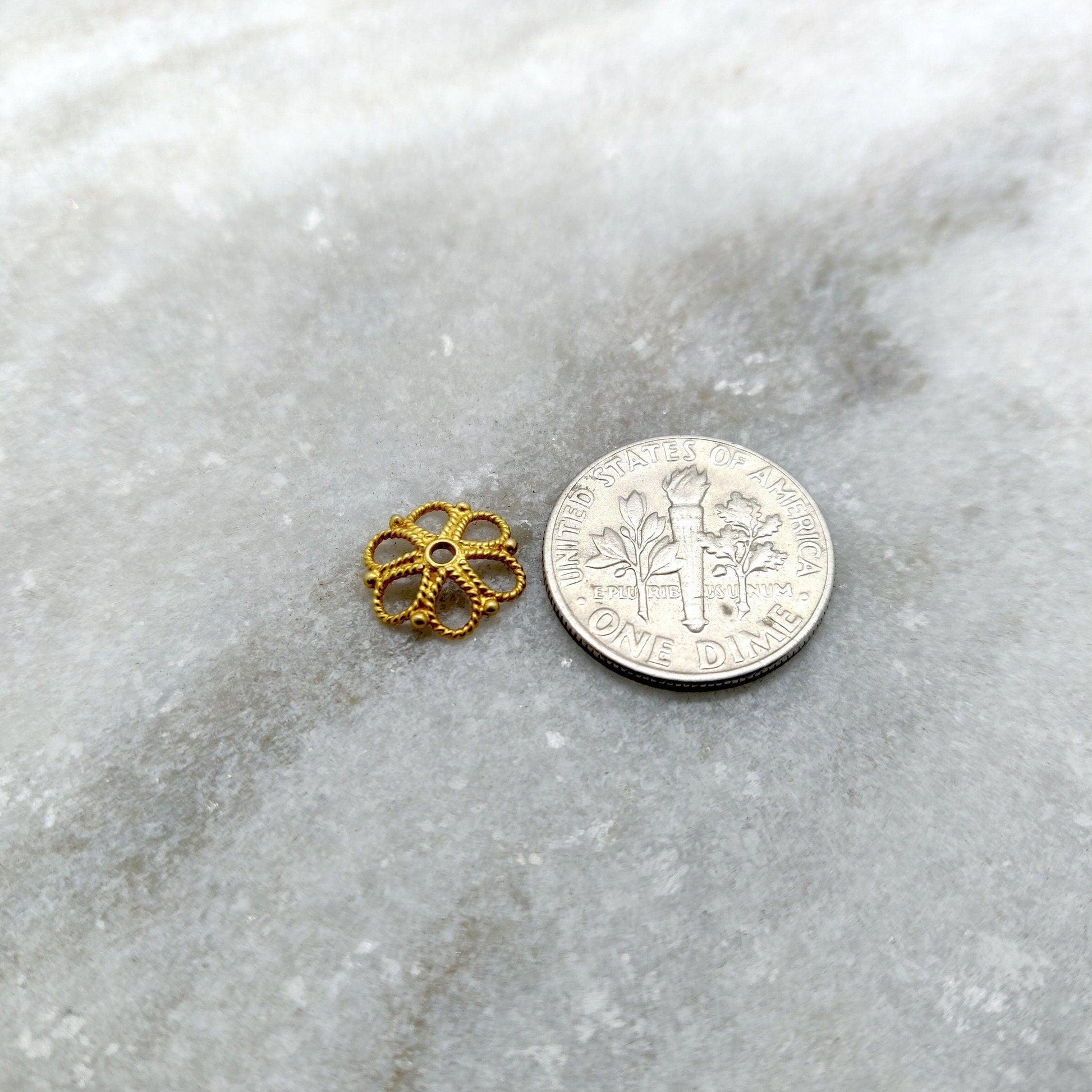 18K solid yellow gold fancy cap bead finding 10mm - front view