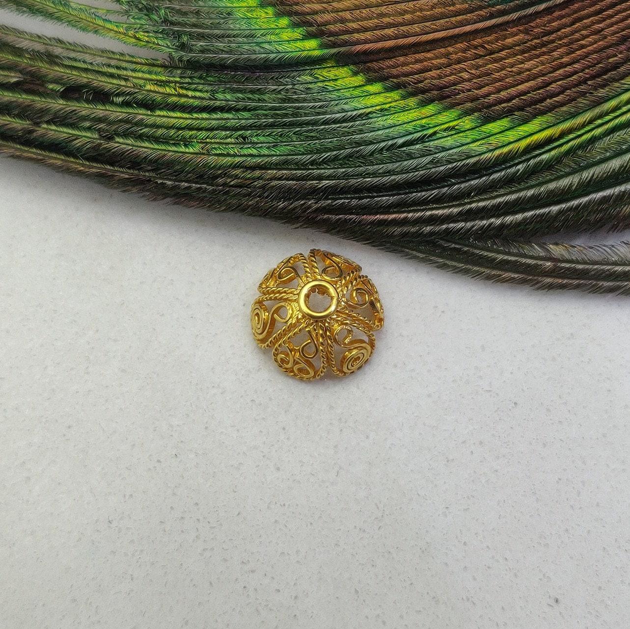 18K solid yellow gold floral bead caps - front view premium