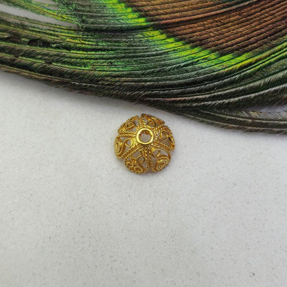 18K solid yellow gold floral bead caps - front view premium