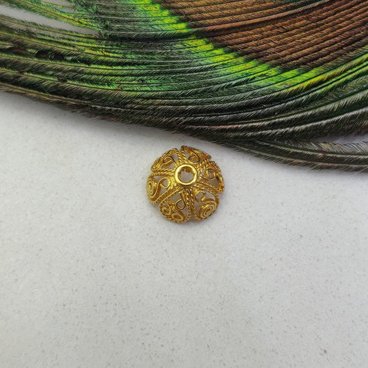 18K solid yellow gold floral bead caps - front view premium
