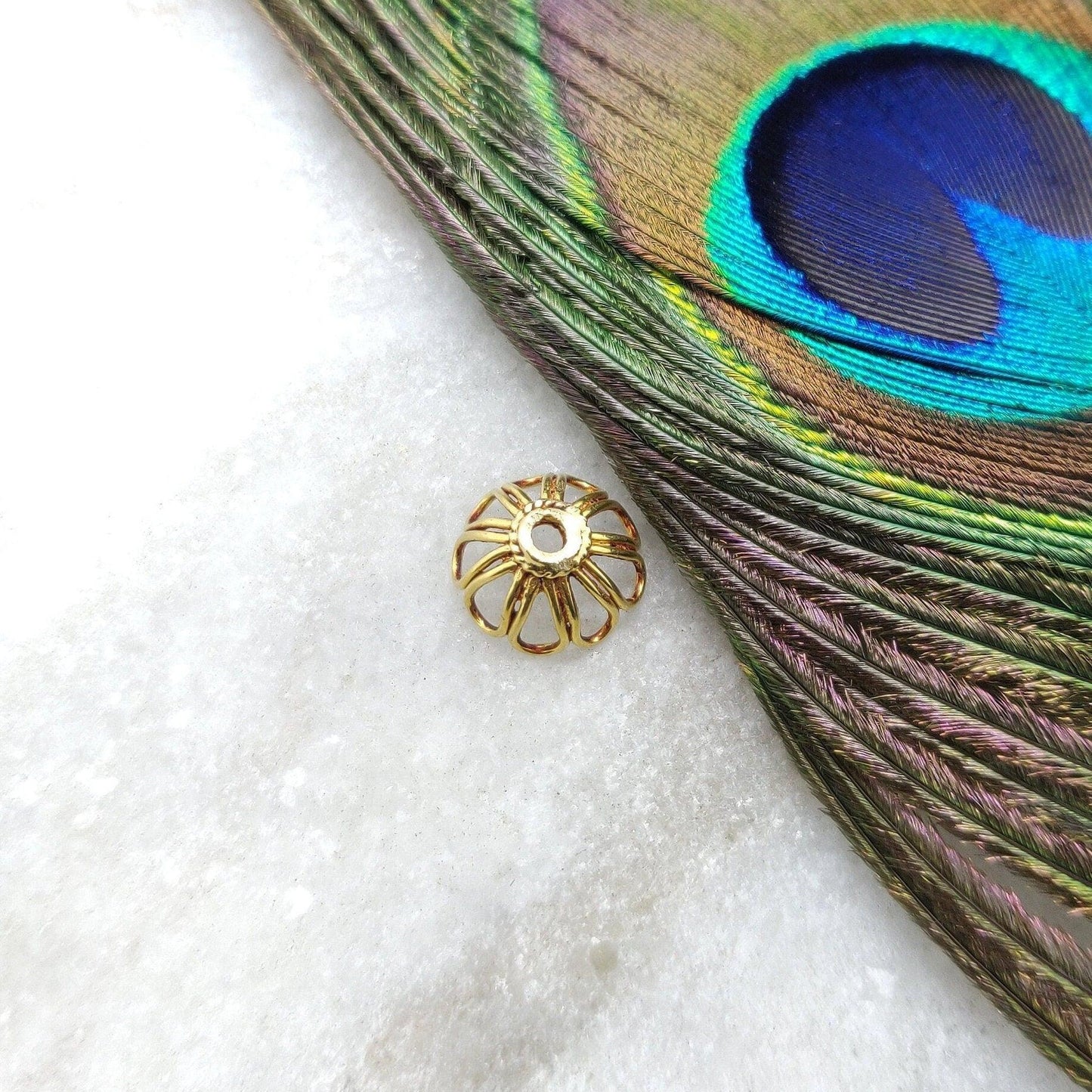 18K solid yellow gold flower bead cap 6x11mm - front view