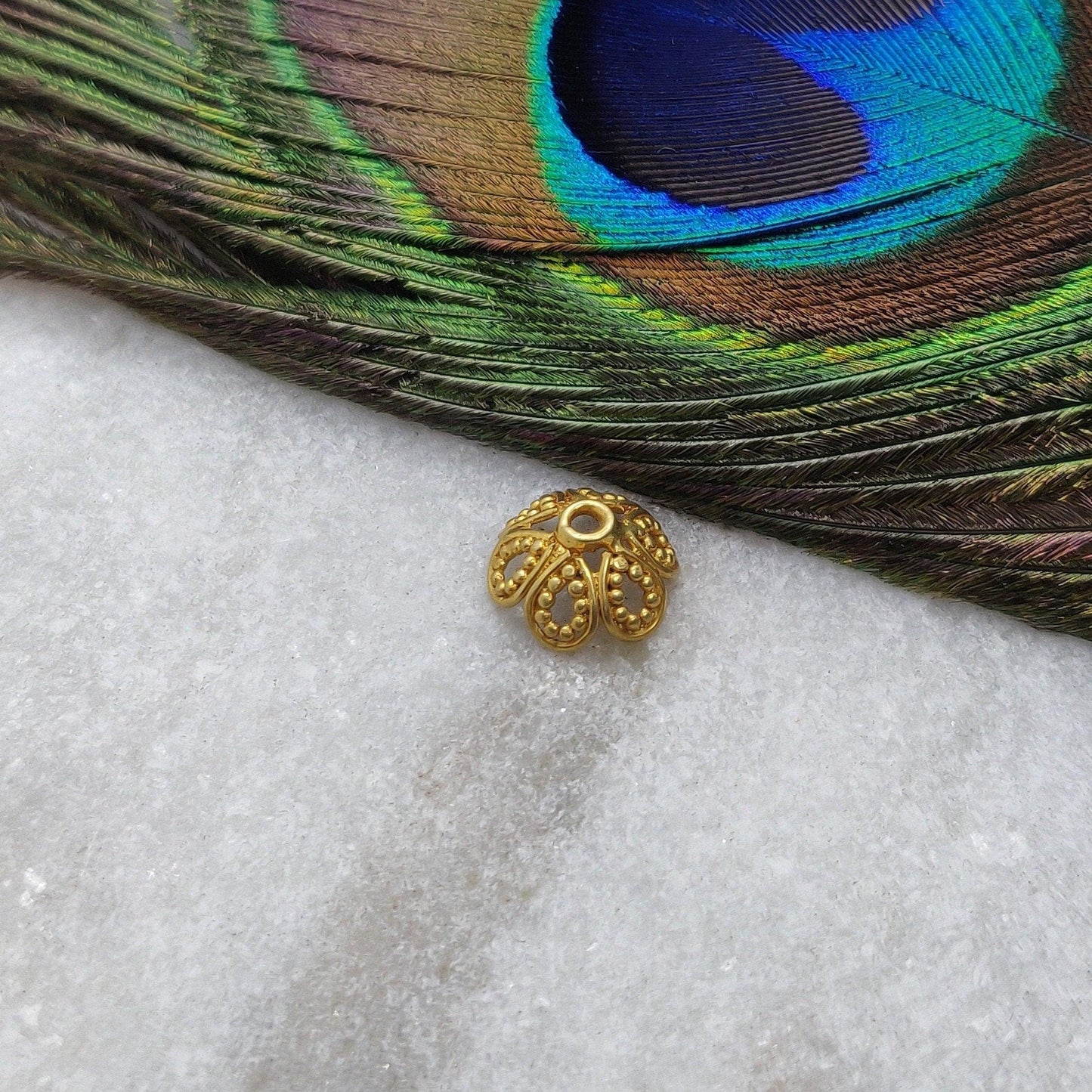 18K yellow gold antique floral bead cap finding 10mm - front view