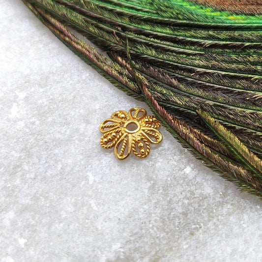 18K yellow gold filigree designer floral bead cap 9mm - front view