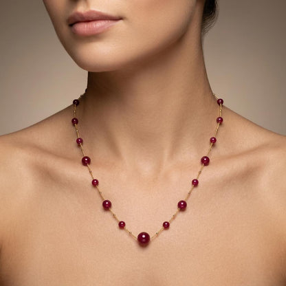 Natural Ruby Ball Bead Gold-Plated Necklace | Handmade Round Ruby Gemstone Strand Necklace for Women | July Birthstone Gift