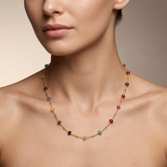 Natural Multi-Color Sapphire 6mm Beaded Necklace | Handmade Rainbow Sapphire Strand Necklace for Women | September Birthstone Gift
