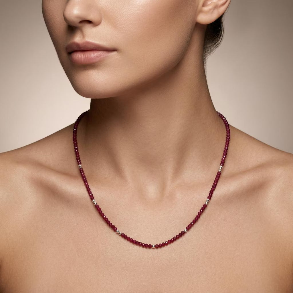 Natural Ruby Faceted Rondelle Beaded Necklace | Handmade Dainty Gemstone Charm Necklace for Women | July Birthstone Gift