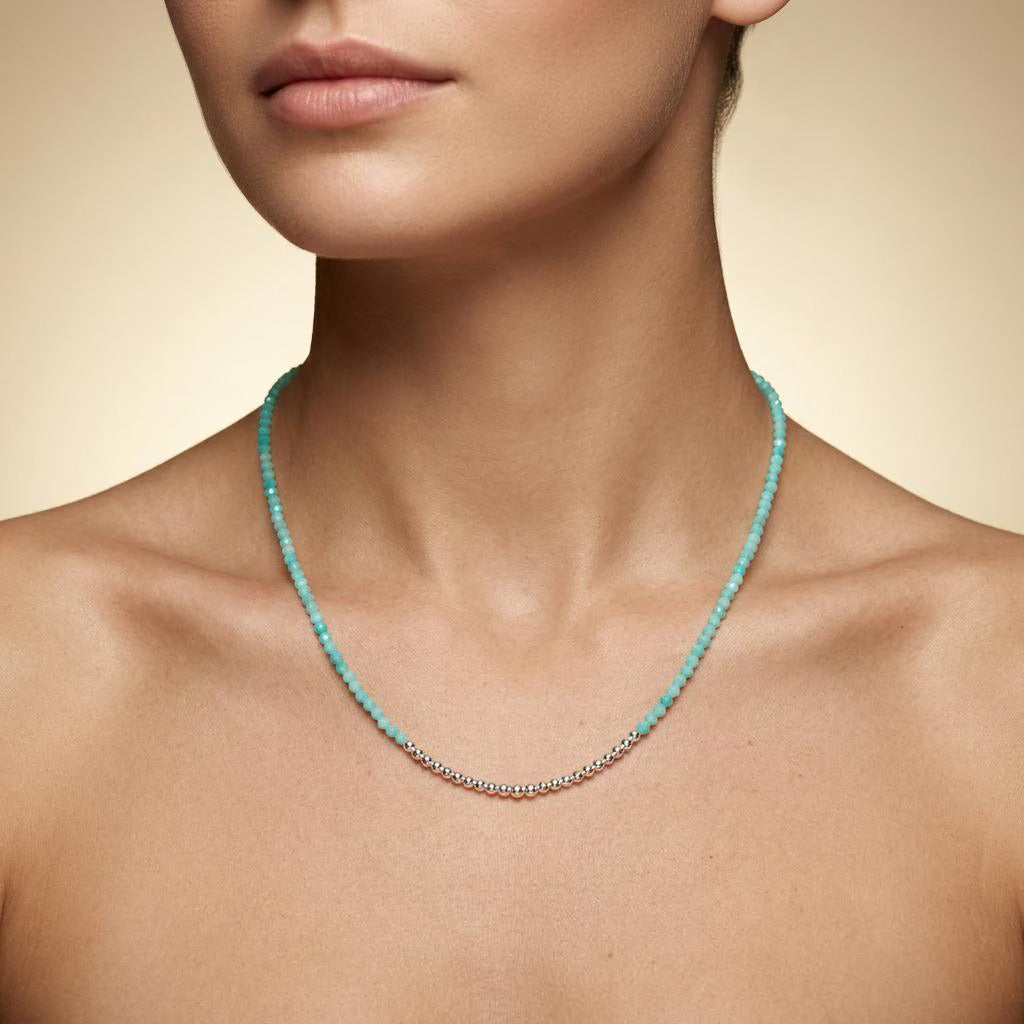 Natural Amazonite Faceted Beaded Charm Necklace | Handmade Teal Gemstone Strand Necklace for Women | Boho Jewelry Gift