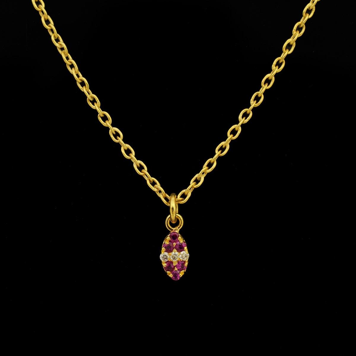 5x3mm Natural Diamond & Ruby Pavé 14K Solid Gold Charm Pendant – Front View