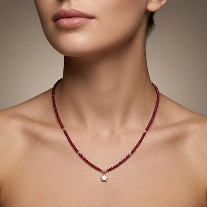 Natural Ruby Delicate Beaded Silver Chain Necklace | Dainty Gemstone Layering Necklace for Women | July Birthstone Gift