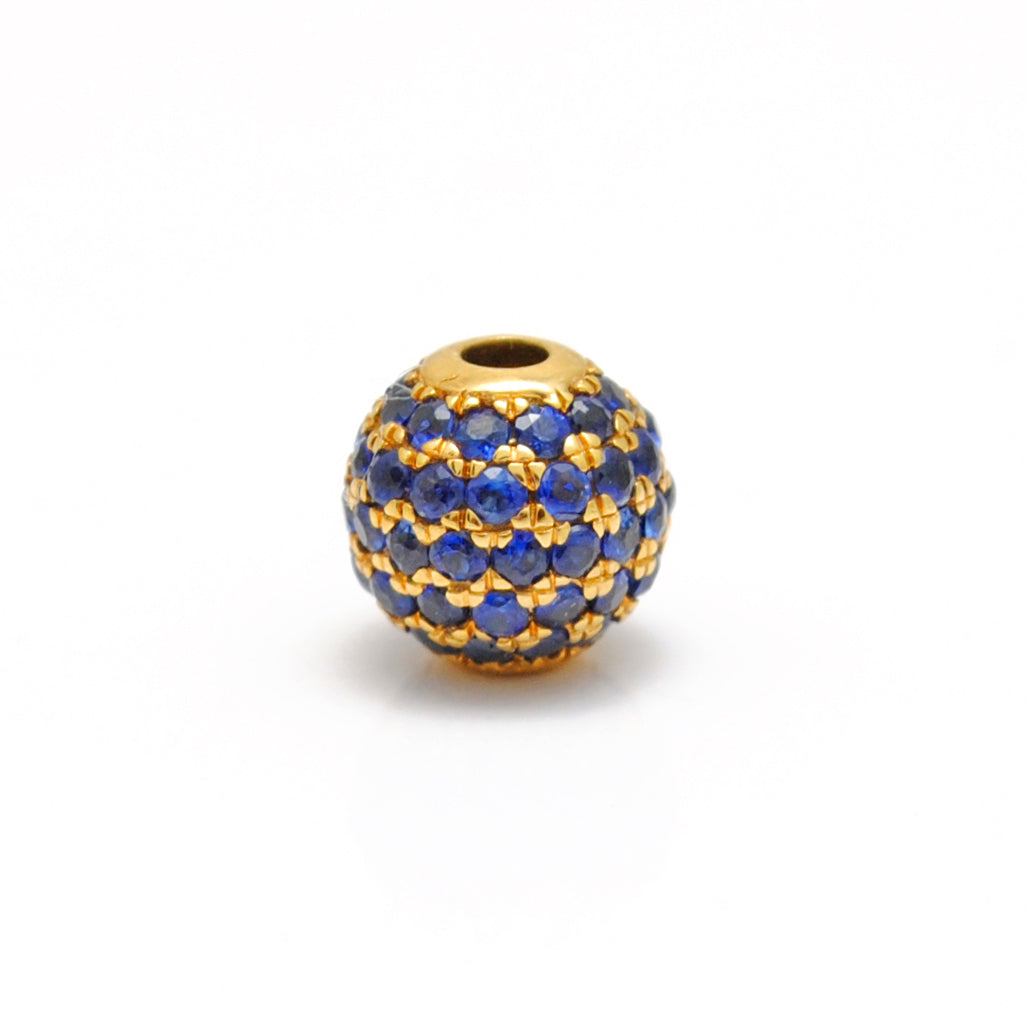 6mm Natural Blue Sapphire Pavé 14K Solid Yellow Gold Ball Spacer Bead – Front View