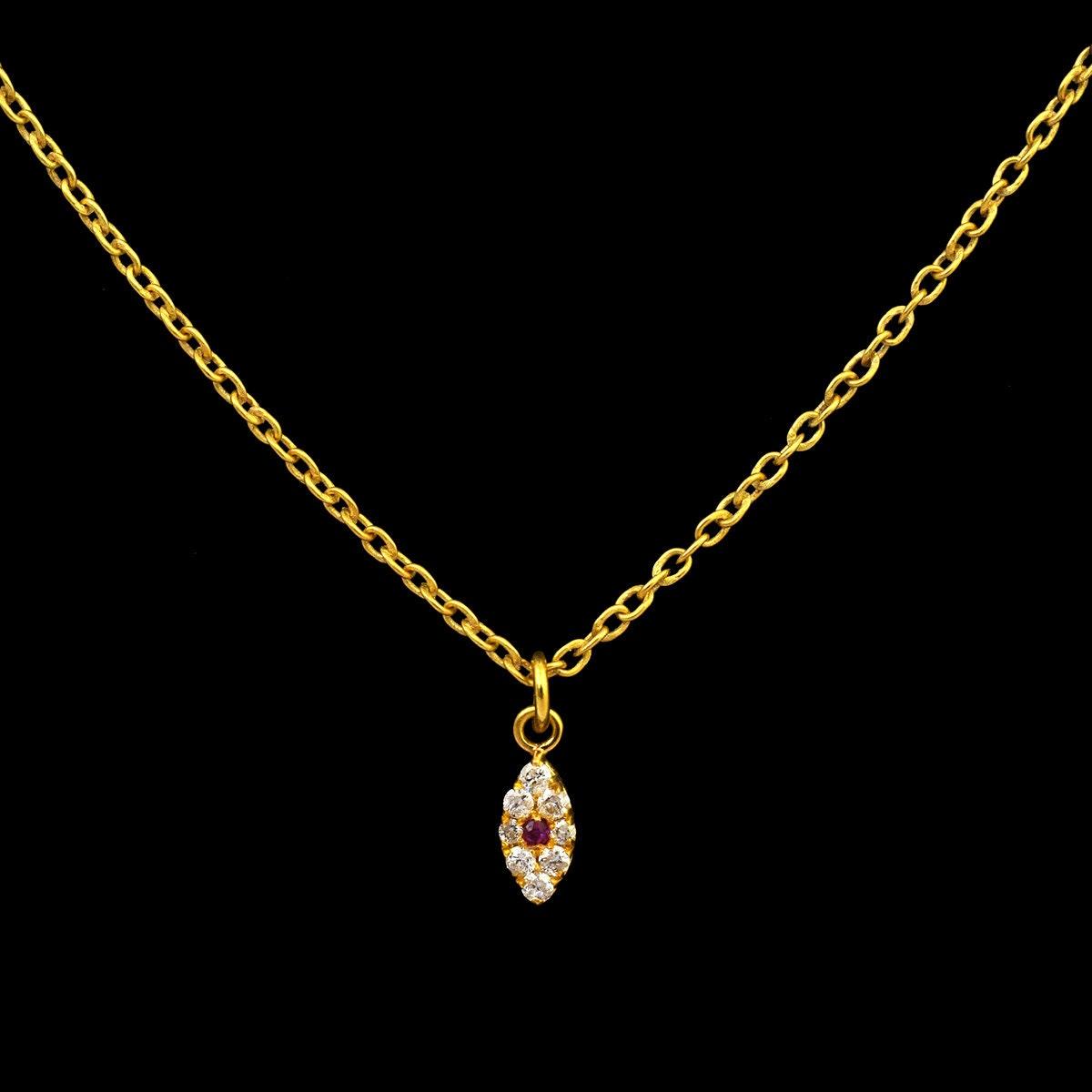 6x3mm 14K Solid Gold Ruby & Diamond Pavé Evil Eye Charm – Front View