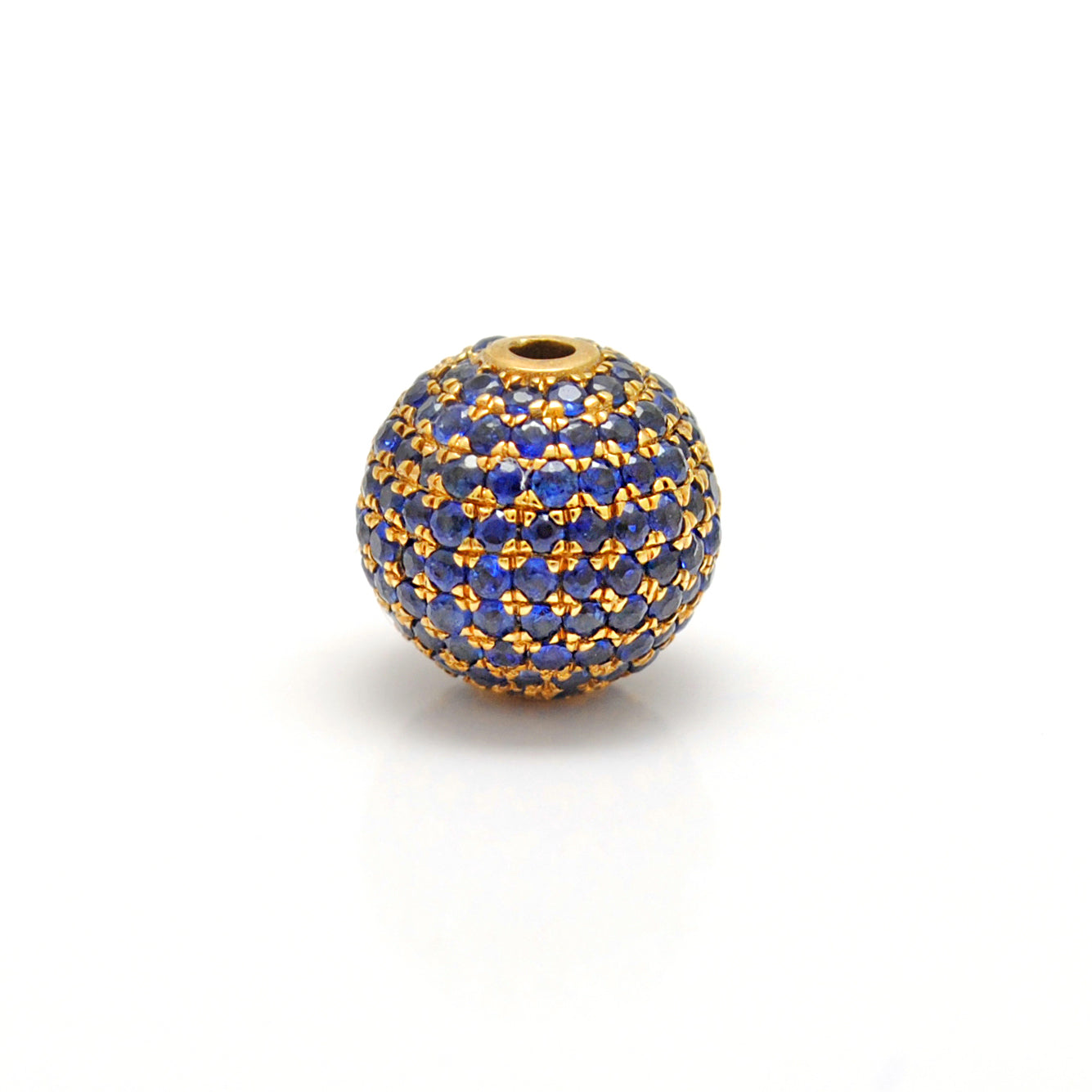 8mm Natural Diamond & Blue Sapphire Pavé 14K Solid Gold Ball Spacer Bead – Front View