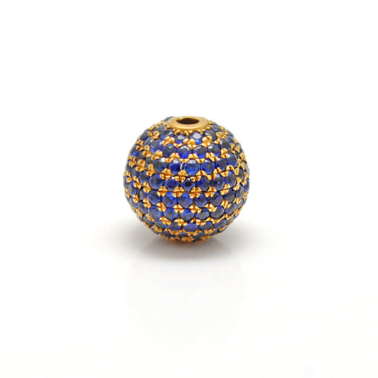 8mm Natural Diamond & Blue Sapphire Pavé 14K Solid Gold Ball Spacer Bead – Front View