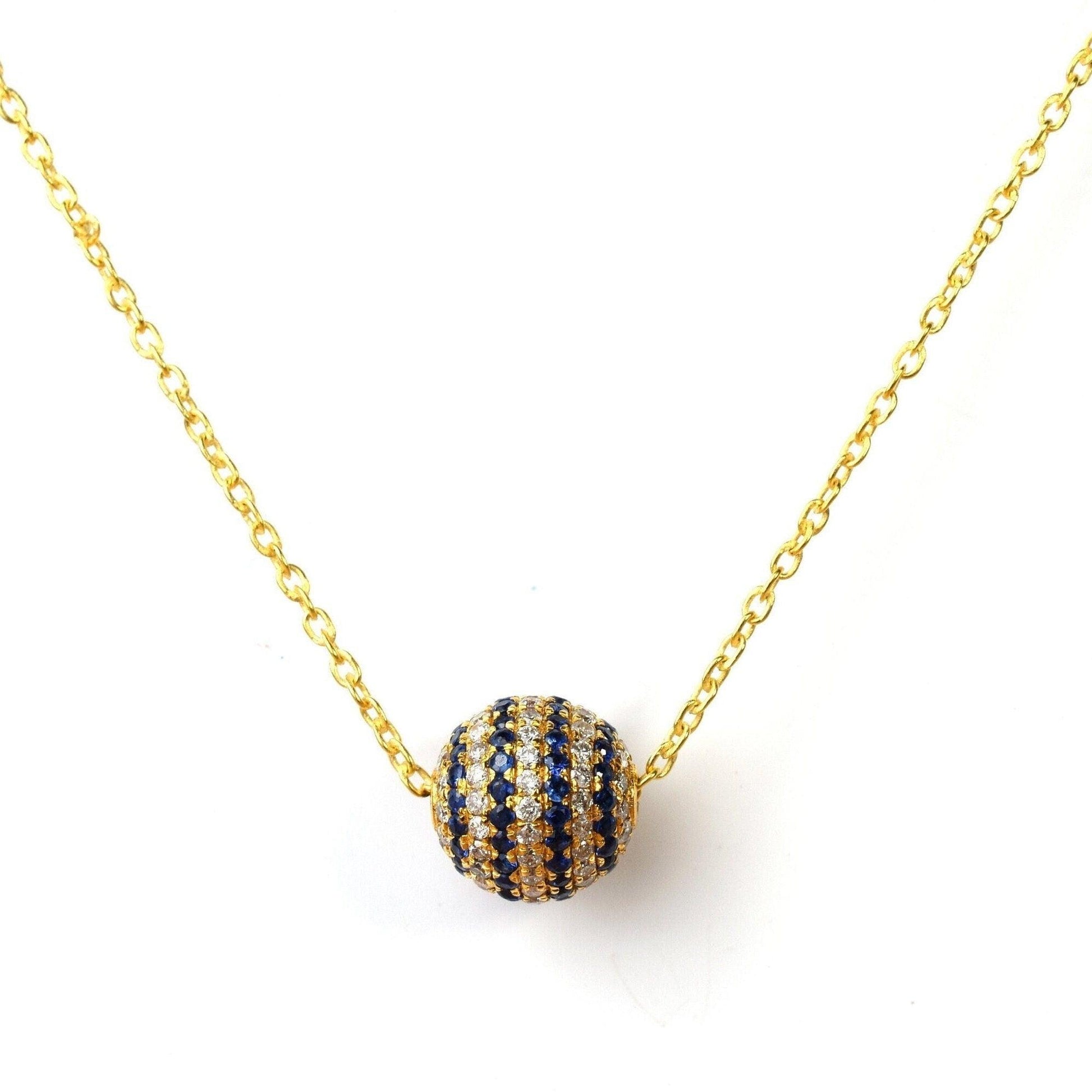 8mm Natural Diamond & Blue Sapphire Pavé 14K Solid Gold Round Ball Spacer – Front View