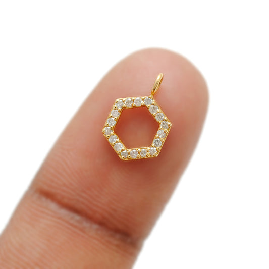 8mm Natural Diamond Pavé 14K Solid Gold Hexagon Charm Pendant – Front View