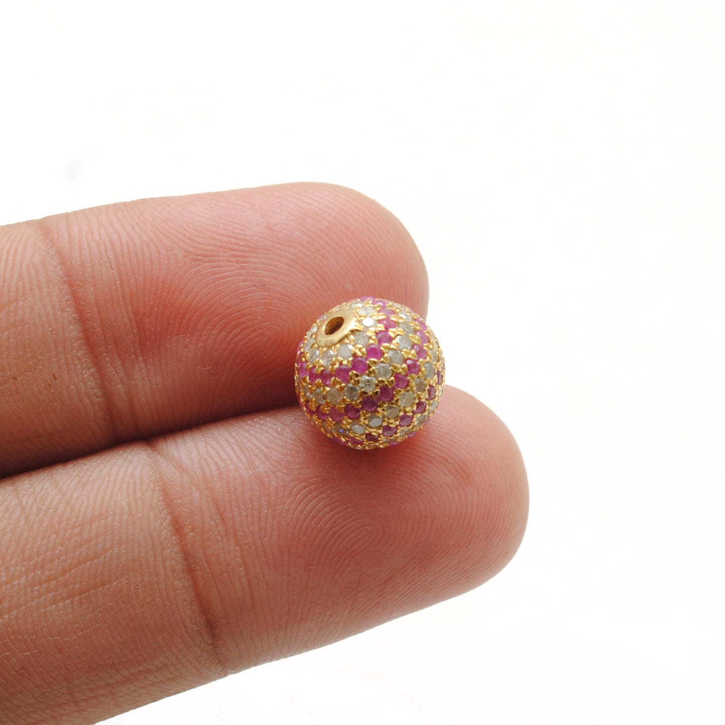 10mm Diamond Pave Spacer Bead with Ruby & Blue Sapphire | Silver Jewelry Charm