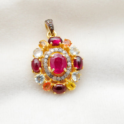 925 Sterling Silver Pave Diamond & Multi-Gemstone Pendant - Kanika Creations