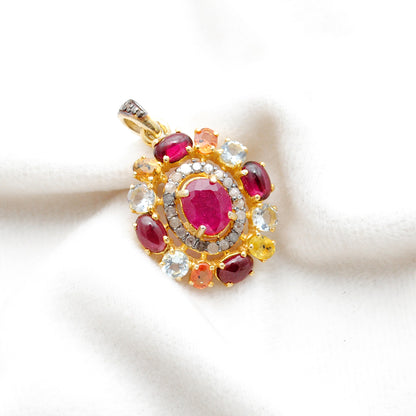 925 Sterling Silver Pave Diamond & Multi-Gemstone Pendant - Kanika Creations
