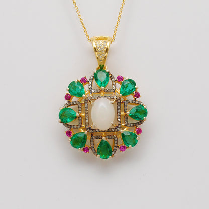 Sterling Silver Pave Set Diamond & Multi-Gemstone Pendant - Kanika Creations