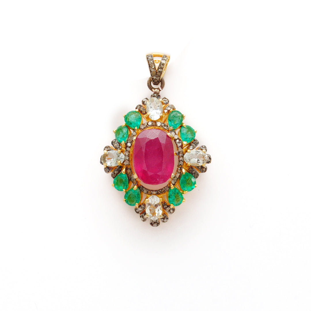 925 Silver Ruby, Emerald & Topaz Pendant with Pavé Diamond Accents | Gift for Her - Kanika Creations