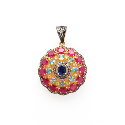925 Sterling Silver Pave Diamond Pendant with Ruby, Blue Topaz, Sapphire & Peridot - Kanika Creations