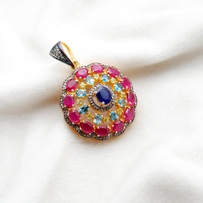 925 Sterling Silver Pave Diamond Pendant with Ruby, Blue Topaz, Sapphire & Peridot - Kanika Creations