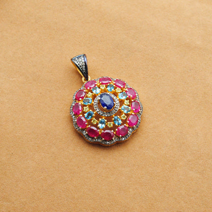 925 Sterling Silver Pave Diamond Pendant with Ruby, Blue Topaz, Sapphire & Peridot - Kanika Creations
