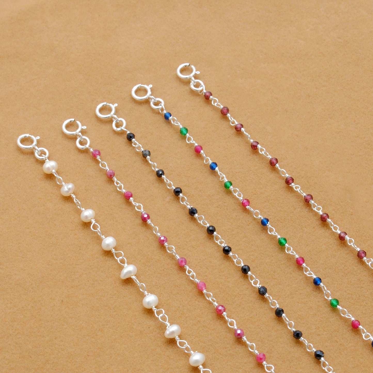 925 Sterling Silver Garnet, Pearl & Multi Gemstone Rosary Beaded Necklace - Kanika Creations