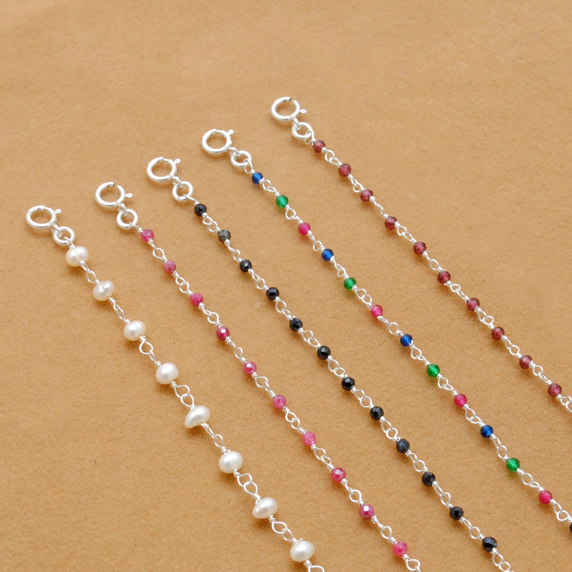 925 Sterling Silver Garnet, Pearl & Multi Gemstone Rosary Beaded Necklace - Kanika Creations