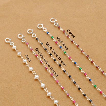 925 Sterling Silver Garnet, Pearl & Multi Gemstone Rosary Beaded Necklace - Kanika Creations