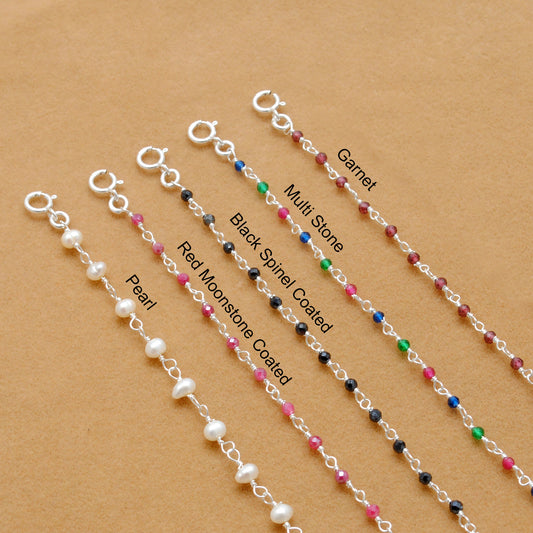 925 Sterling Silver Garnet, Pearl & Multi Gemstone Rosary Beaded Necklace - Kanika Creations