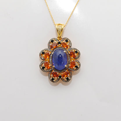 Tanzanite, Sapphire & Black Spinel Pendant with Pavé Diamonds – Gold Plated Silver - Kanika Creations