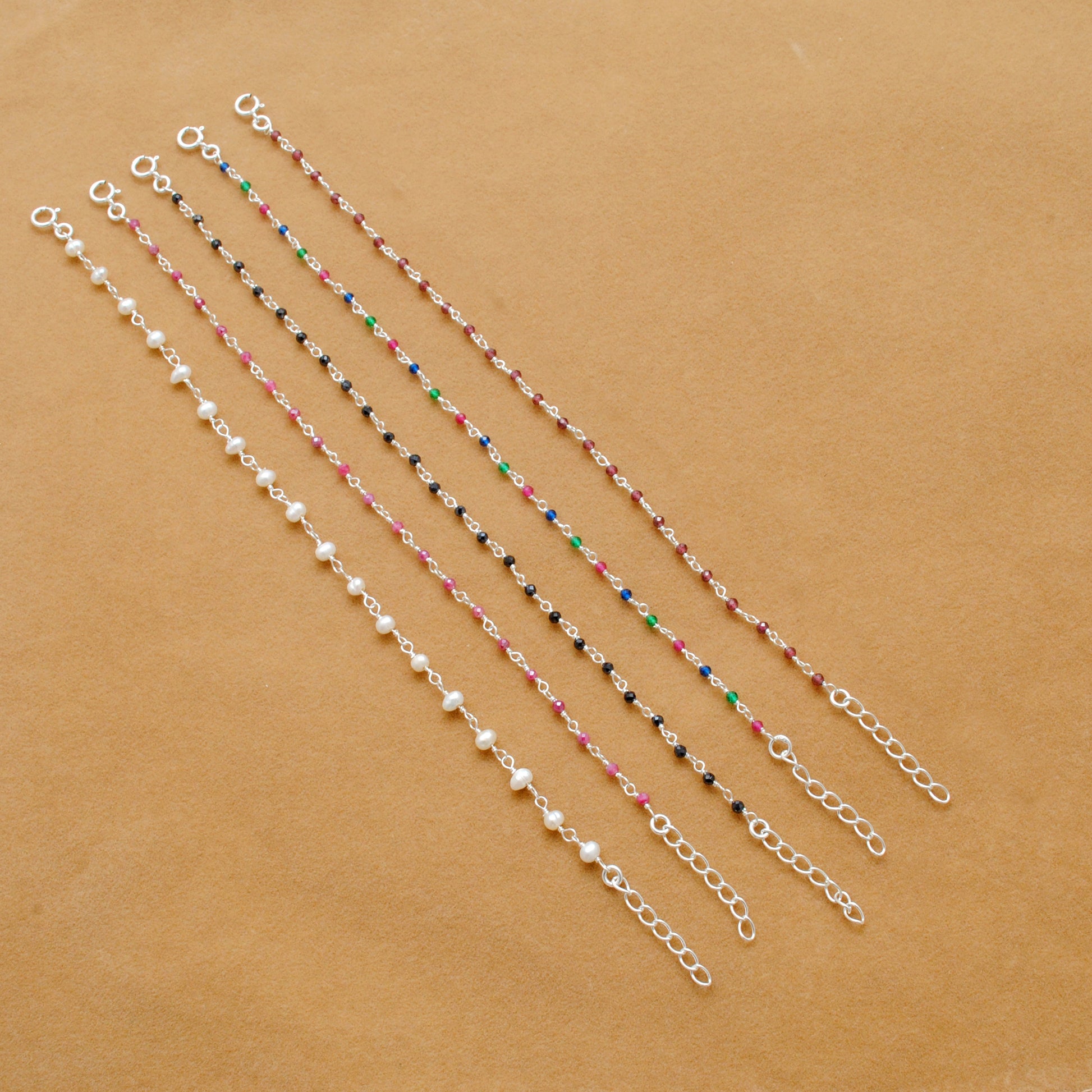 925 Sterling Silver Garnet, Pearl & Multi Gemstone Rosary Beaded Necklace - Kanika Creations