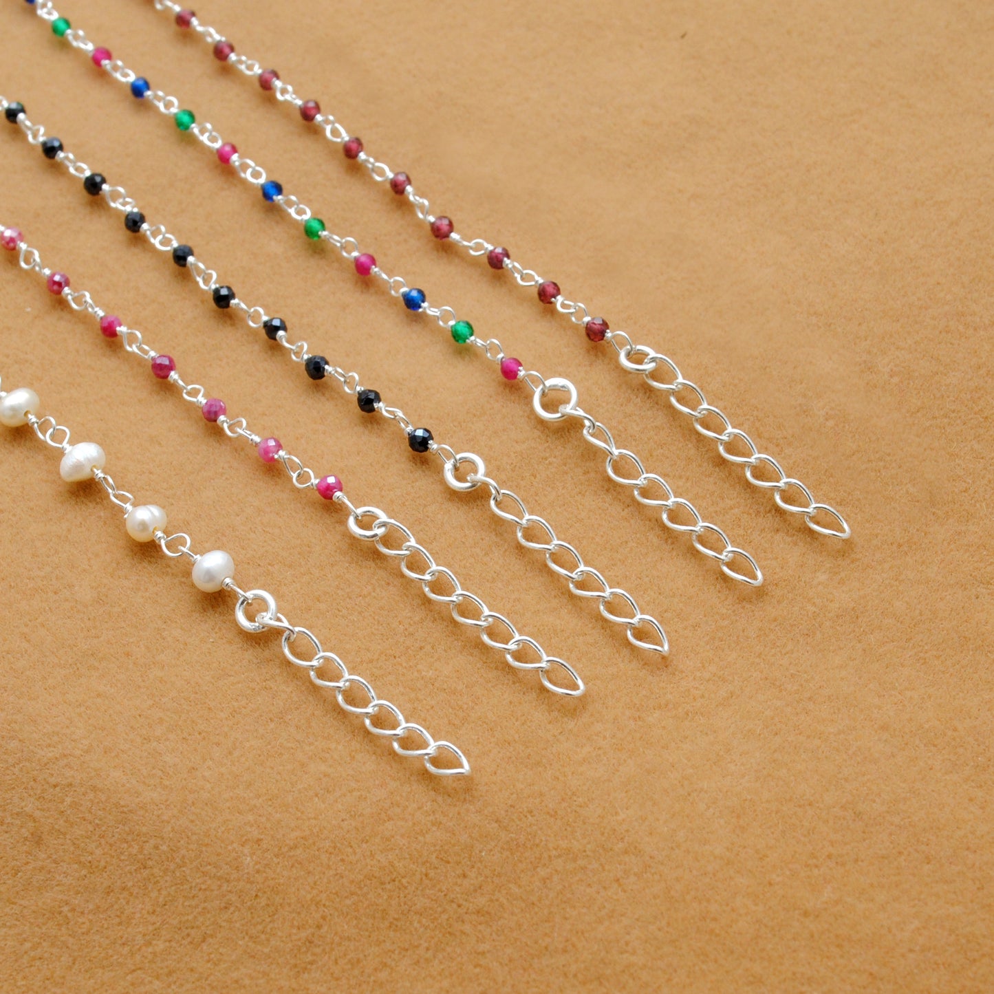 925 Sterling Silver Garnet, Pearl & Multi Gemstone Rosary Beaded Necklace - Kanika Creations
