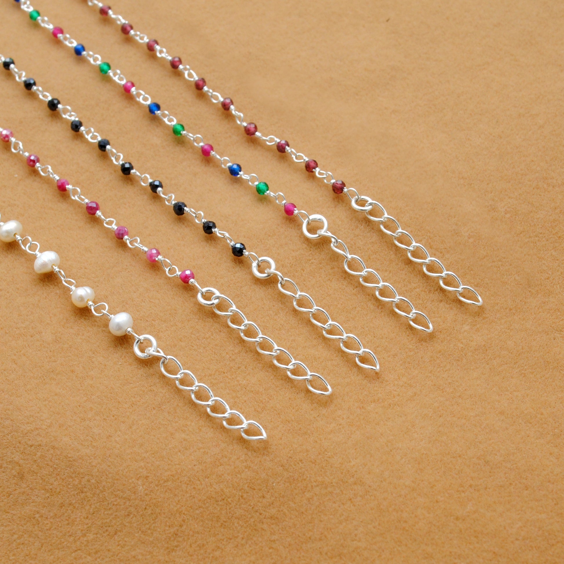 925 Sterling Silver Garnet, Pearl & Multi Gemstone Rosary Beaded Necklace - Kanika Creations