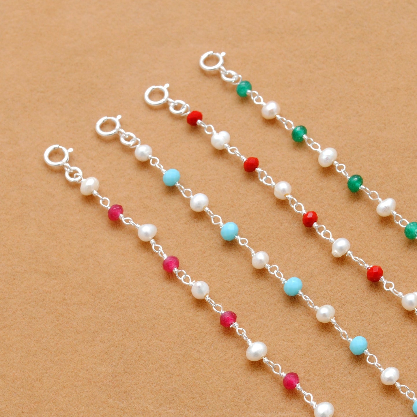 925 Sterling Silver Pearl with Multi-Gemstone Beaded Bracelet – Boho Jewelry - Kanika Creations