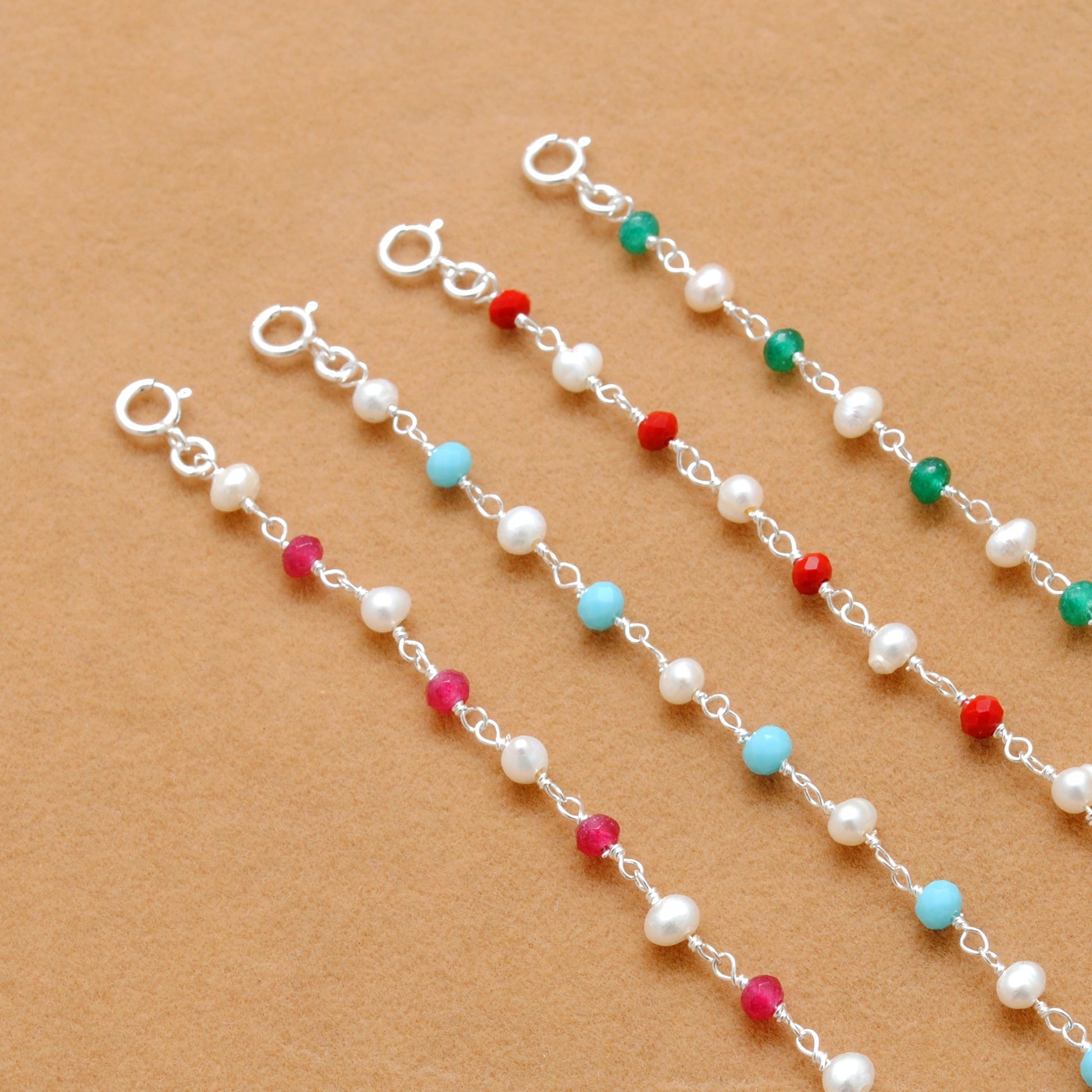 925 Sterling Silver Pearl with Multi-Gemstone Beaded Bracelet – Boho Jewelry - Kanika Creations