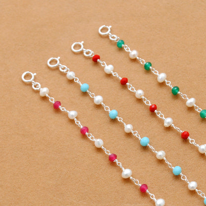 925 Sterling Silver Pearl with Multi-Gemstone Beaded Bracelet – Boho Jewelry - Kanika Creations