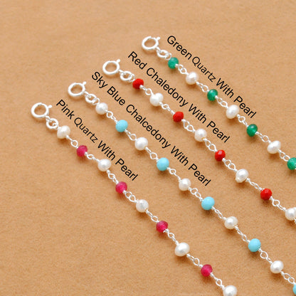 925 Sterling Silver Pearl with Multi-Gemstone Beaded Bracelet – Boho Jewelry - Kanika Creations
