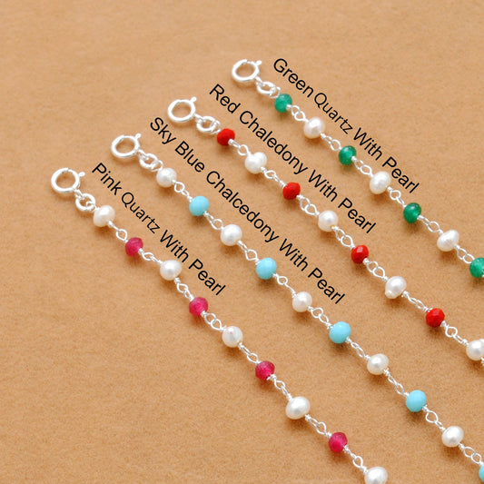 925 Sterling Silver Pearl with Multi-Gemstone Beaded Bracelet – Boho Jewelry - Kanika Creations