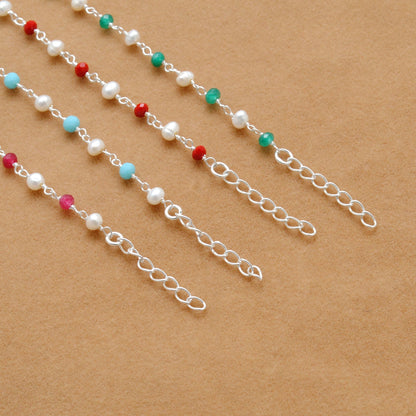 925 Sterling Silver Pearl with Multi-Gemstone Beaded Bracelet – Boho Jewelry - Kanika Creations
